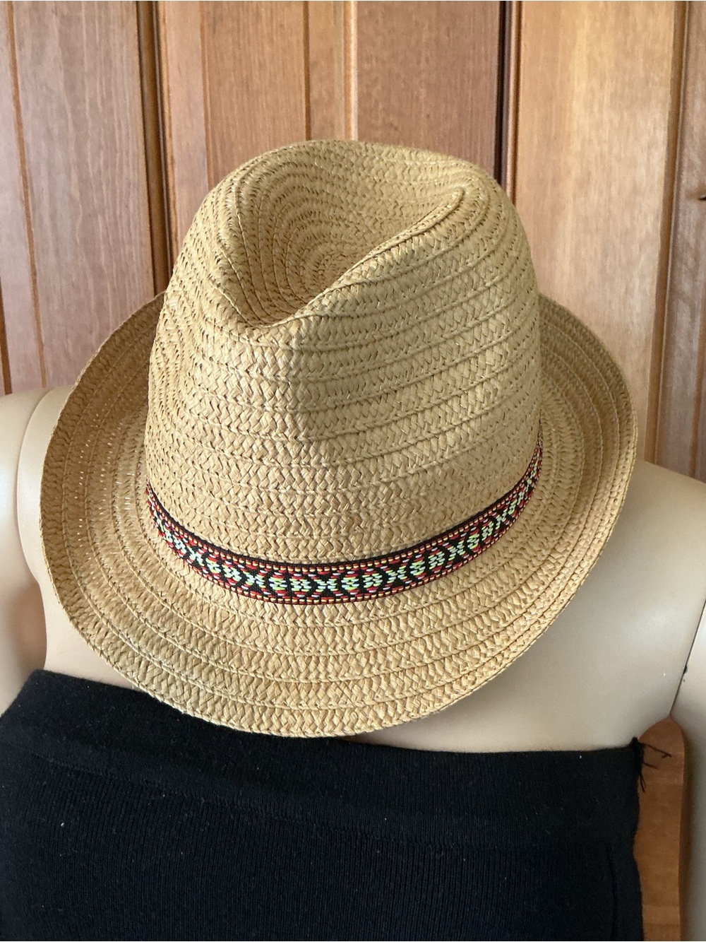 chatties Tan paper Straw Fedora with Colorful Aztec Band